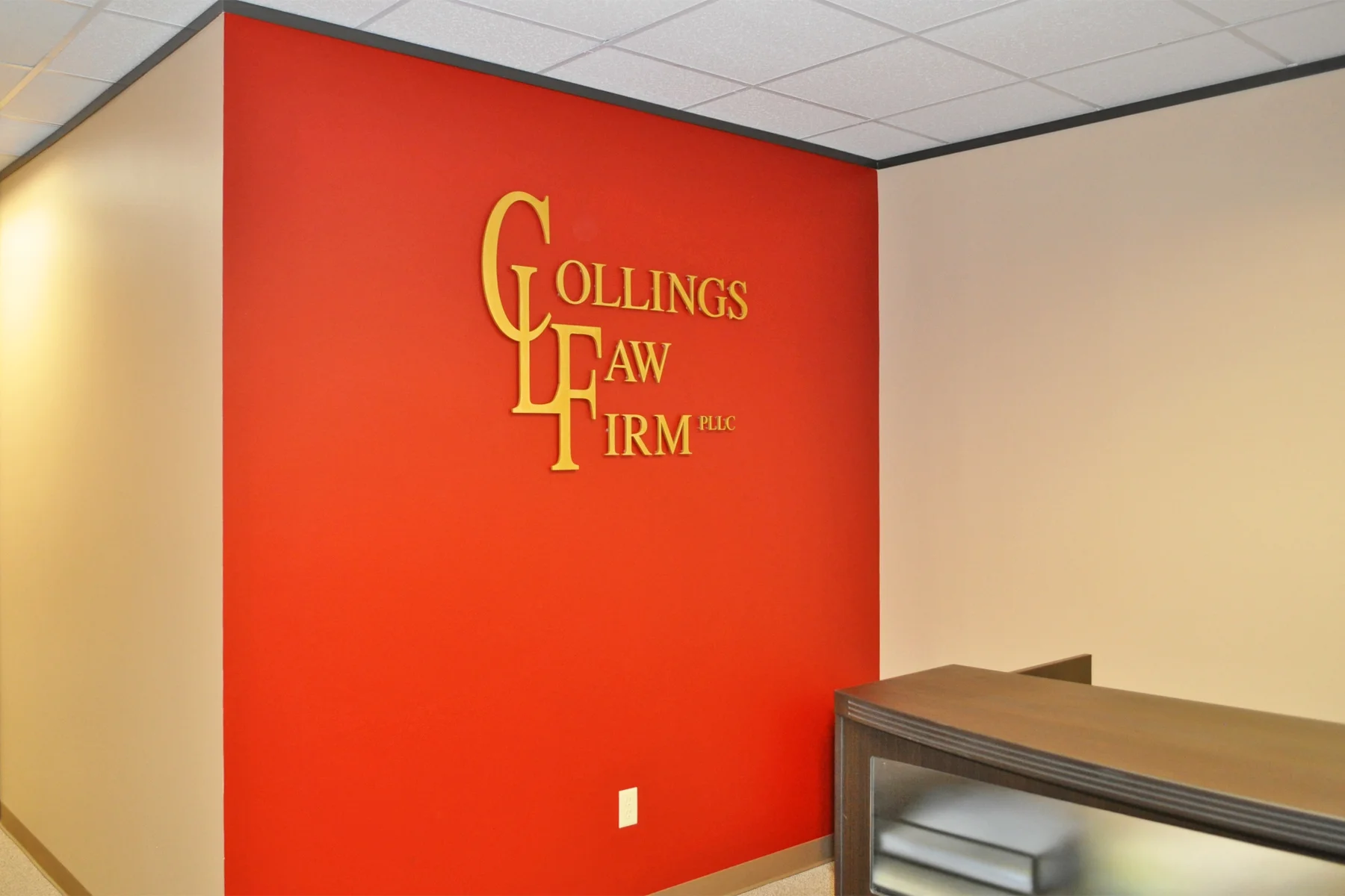 Gold Anodized Brushed Aluminum Interior Reception Sign for Collings Law Firm, PLLC