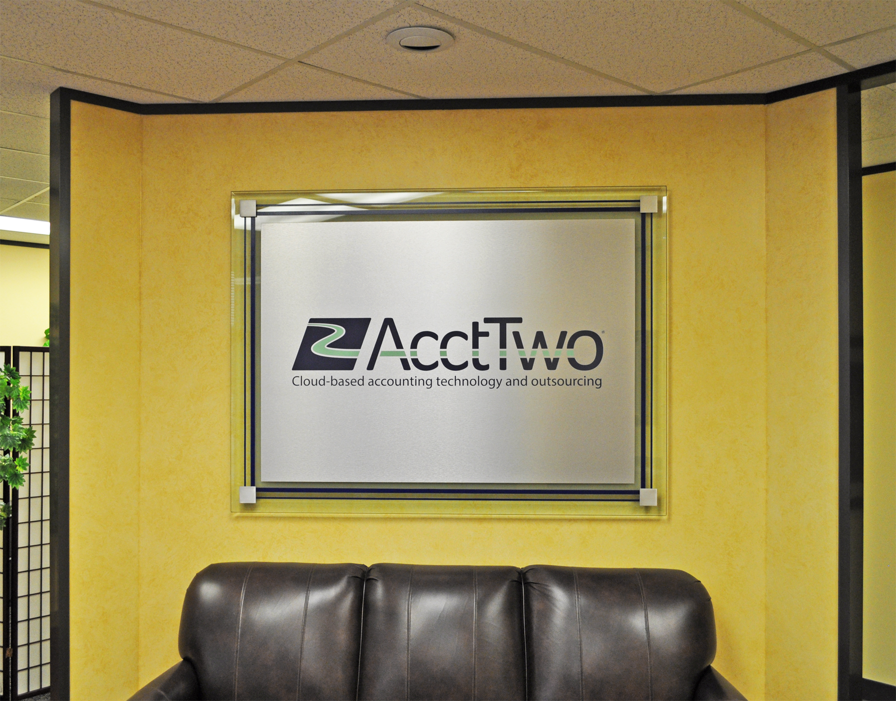 Brushed Aluminum and Glass Sign with Vinyl Logo Applique and Custom Standoffs