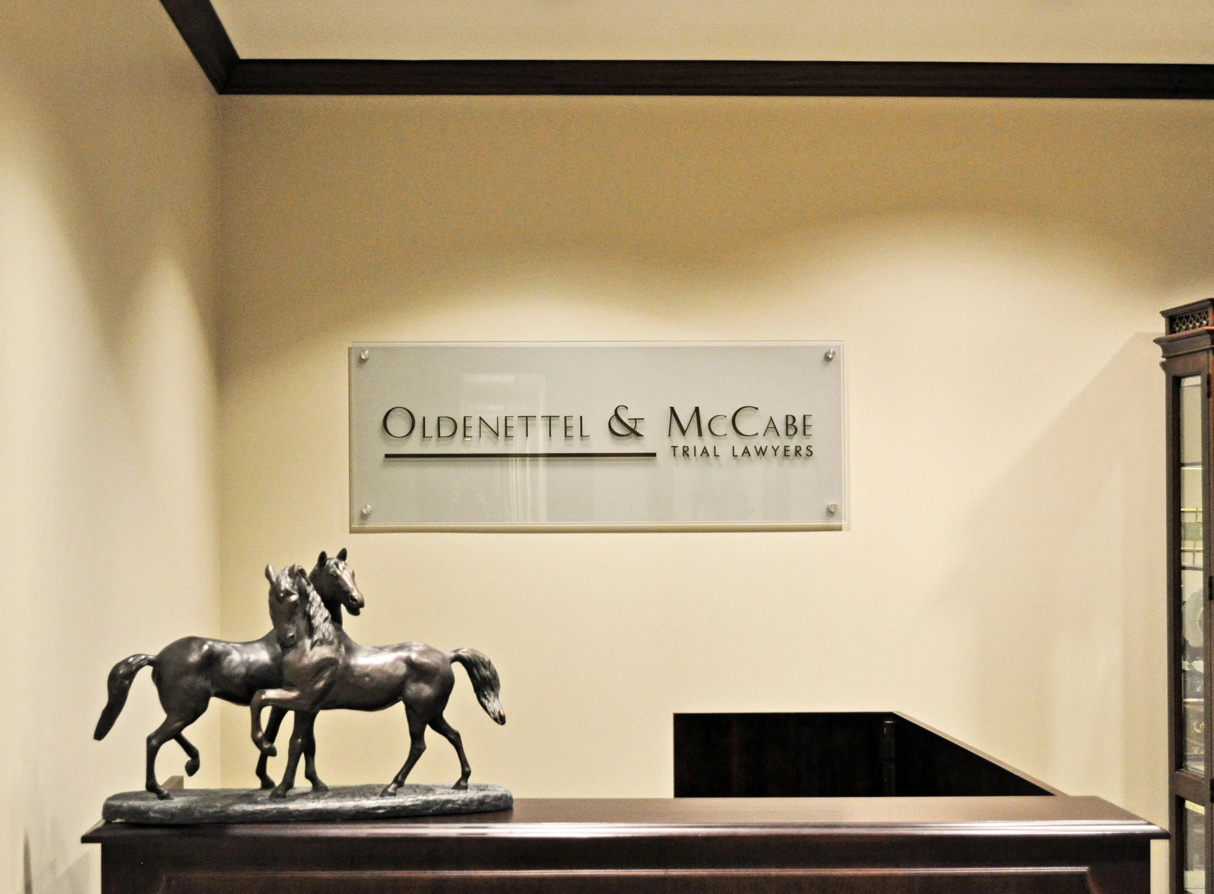Etched Glass Law Firm Sign with Custom Painted Logo for Oldnettel & McCabe Trial Lawyers, Houston TX