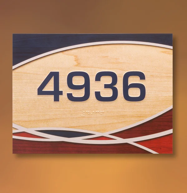 Acquire stained Maple wood faux finish with inlaid curved aluminum accents + DecorFinish on a Magnesium ADA Metal Sign
