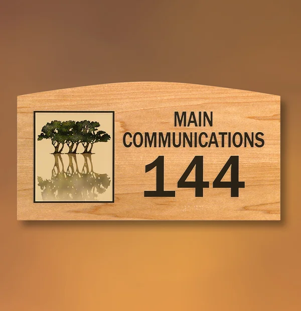 Crown your sign with a corporate logo and a Maple wood grain effect on a Photopolymer ADA Room Plaque