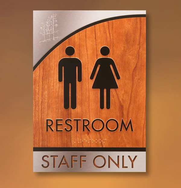 Replicate Cherry Wood Finish on Magnesium with Brushed Aluminum Accents for an ADA Sign