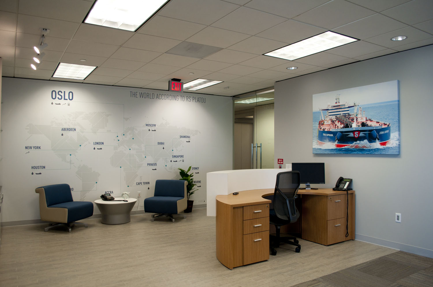 Custom World Map showing Company's Worldwide Office Locations - Reception Area Wall Paper Graphics