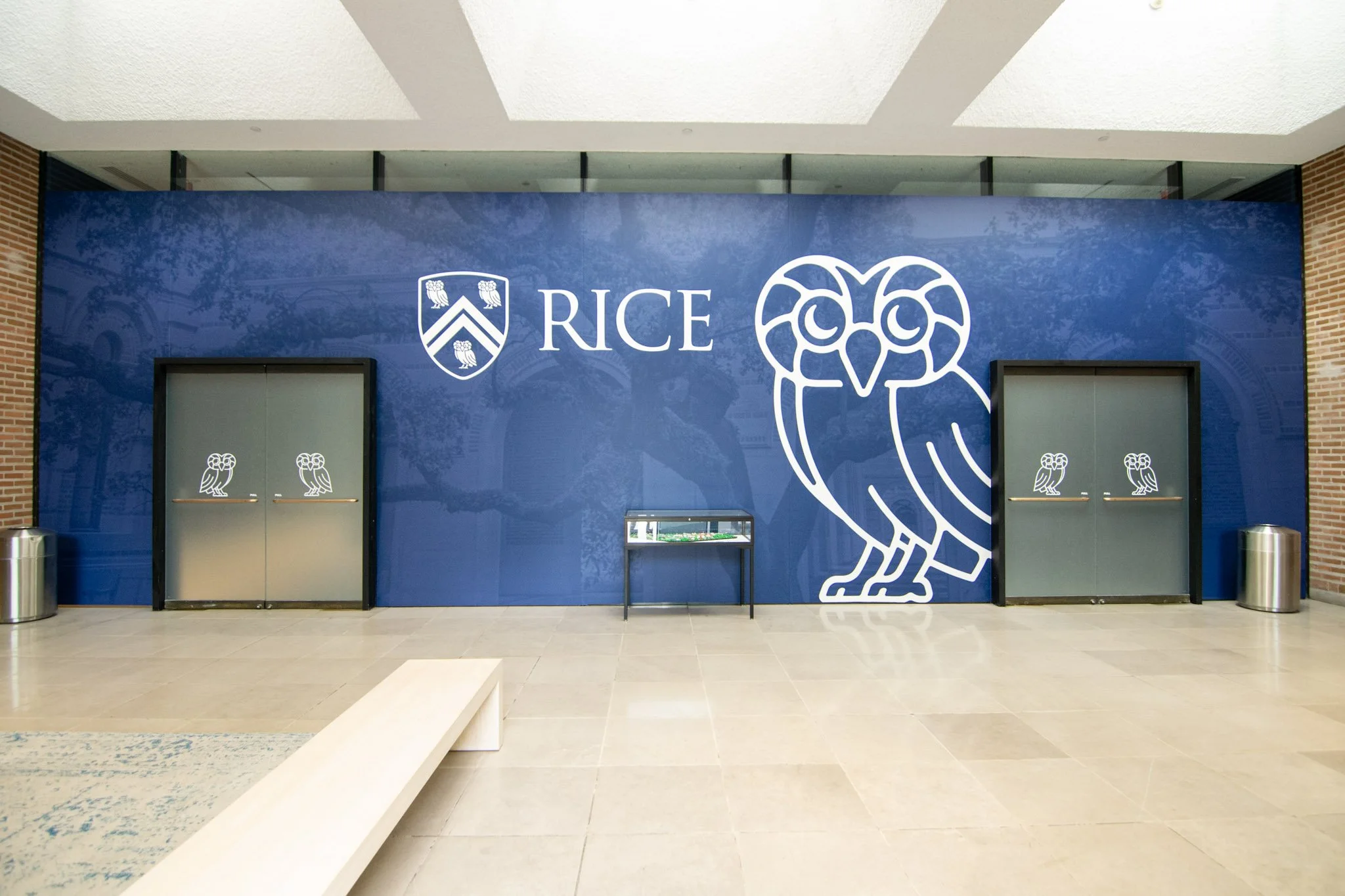 Large custom wall graphic featuring the Rice University logo and owl inside a campus lobby, installed as part of the interior branding program.