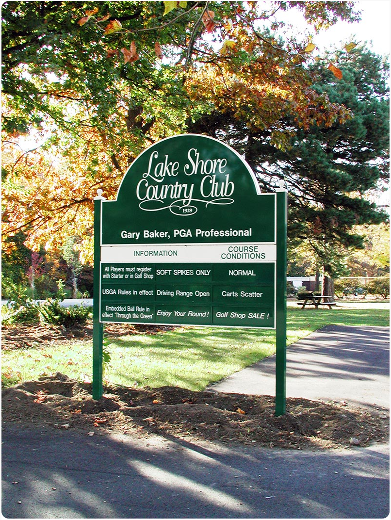 ID Sign for a Country Club - 3" Thick Cabinet Style Frame Attaching Two Panels and Custom Radius Top with No Visible Retainers or Exposed Fasteners for a Frameless Appearance