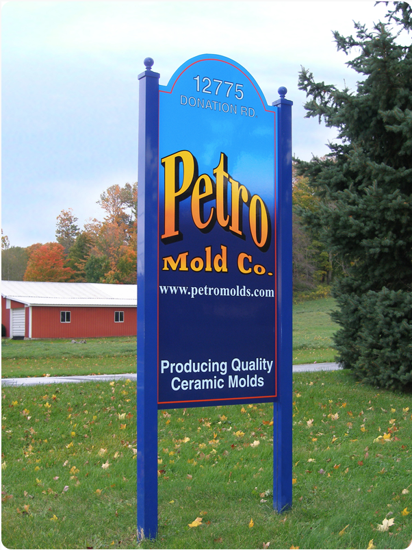 Post & Panel ID Sign for an Industrial Business - Two Sided Digitally Printed Panel with a Radius Top Mounted with Two Posts and Ornamental Ball Caps