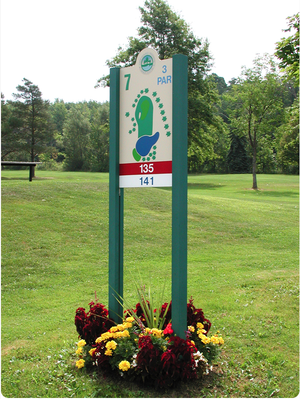 Post & Panel Hole Sign for a Golf Course - Two Sided Digitally Printed Panel with a Custom Radius Top Mounted with Two Posts