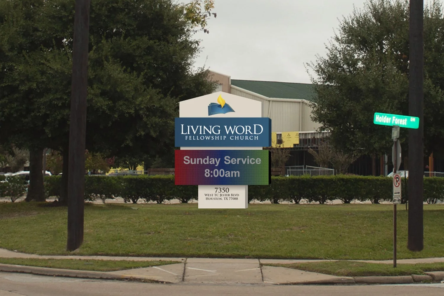 Church Pylon Sign with Routed Lighted Cabinet and 3' x 8' Full Color Digital Signage - Custom Designed Sign Elements Match the Church's Building Architecture