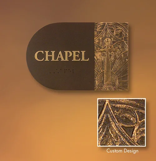 3D textured ADA sign with raised lettering and Braille, designed for decorative and compliant wayfinding in Houston.