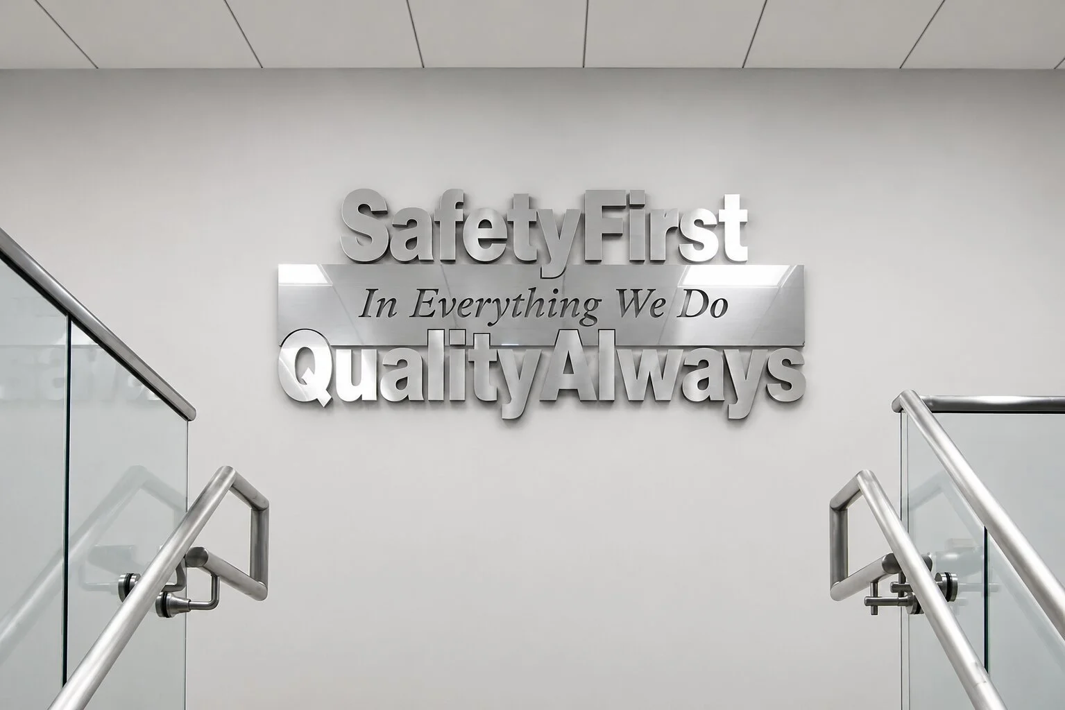 Brushed metal office wall sign displaying company safety and quality values with dimensional lettering mounted above a corporate stairwell.