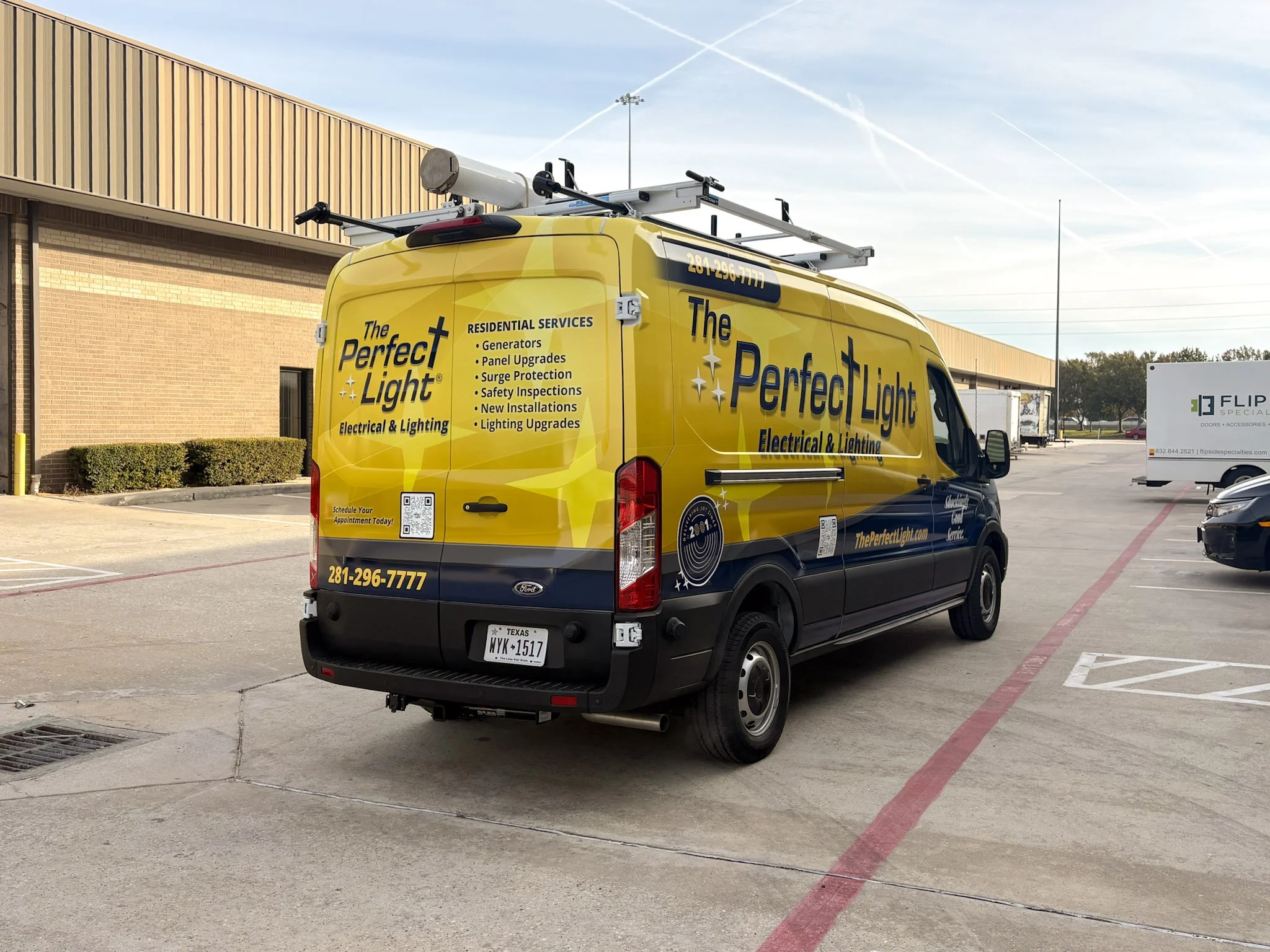 Rear and side view of Houston electrical and lighting van wrap for The Perfect Light.