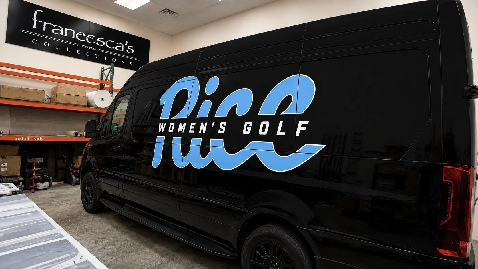 Custom vehicle wrap for the Rice University Women's Golf team van featuring bold athletic branding, produced and installed by Saifee Signs in Houston.