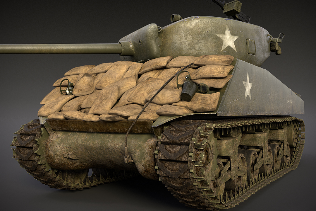  The Sherman has a few different version of stowage. This one I added the sand bag&nbsp;arrmor .The sandbags were modeled in Modo and I also used MD3 and Zbrush to complete this task 