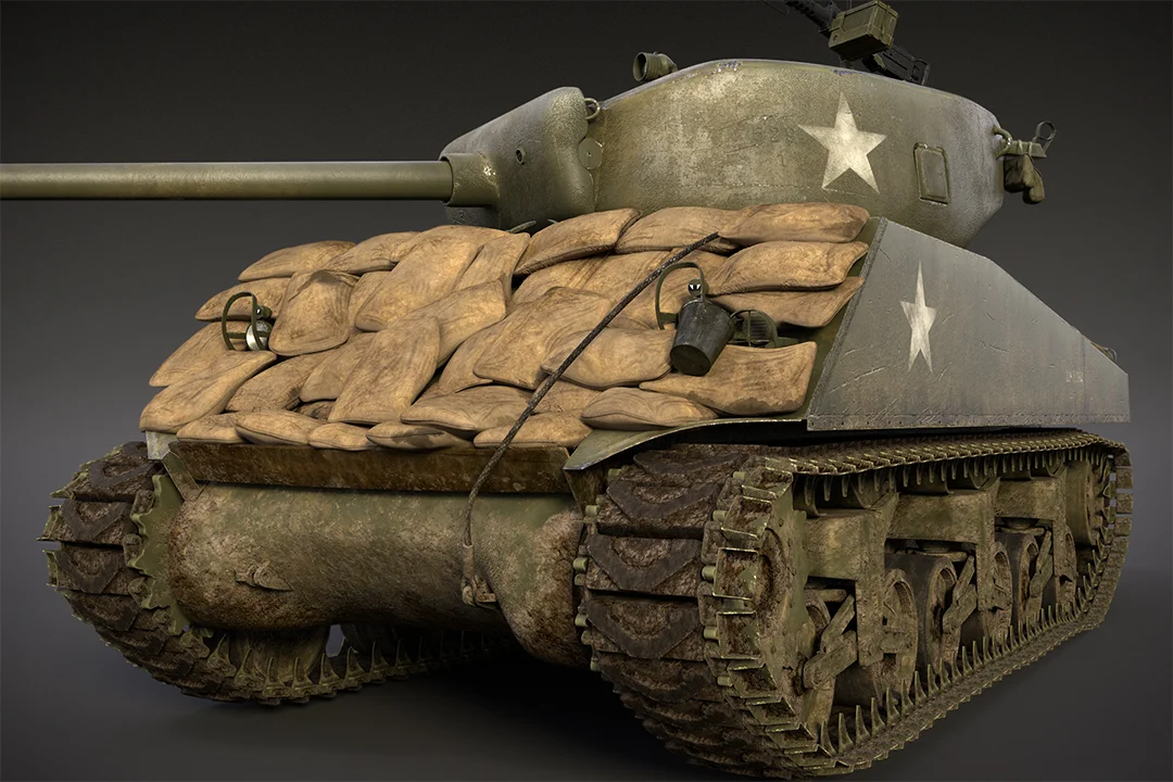 The Sherman has a few different version of stowage. This one I added the sand bag arrmor .The sandbags were modeled in Modo and I also used MD3 and Zbrush to complete this task