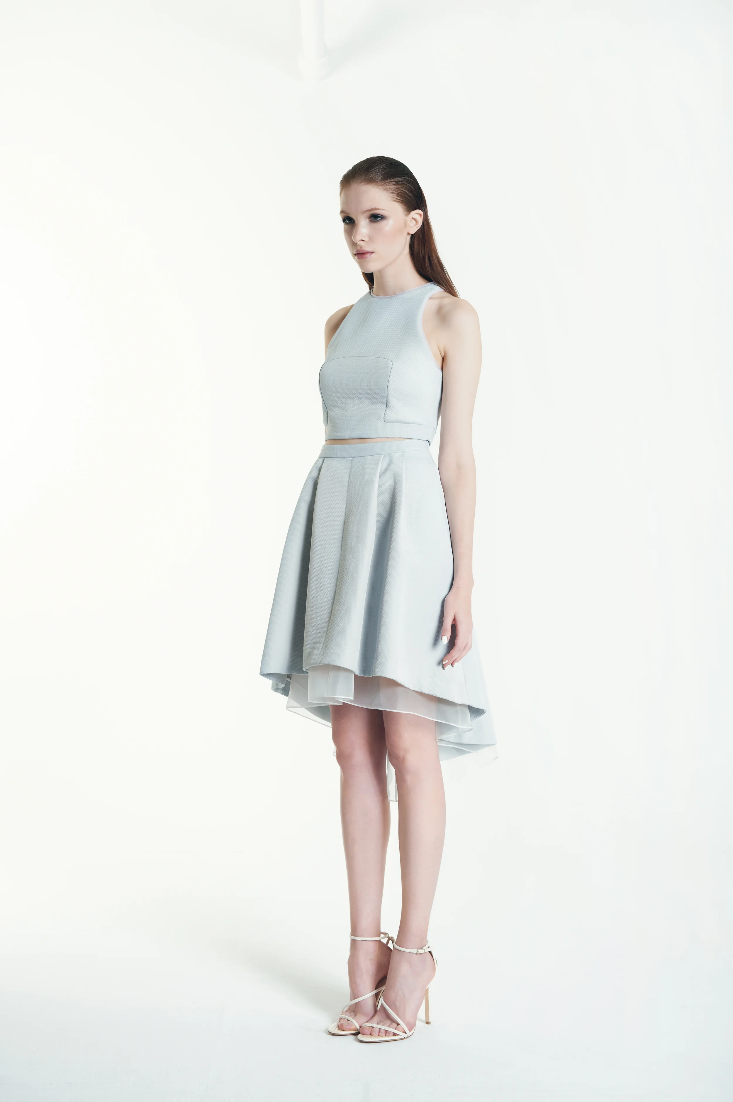 NAVI TOP 66% cotton / 34% nylon outer with 100% silk organza tipping. fully lined in 100% silk charmeuse. PYXIS SKIRT 66% cotton / 34% nylon outer. half lined in 100% silk charmeuse, half lined in 100% silk organza.