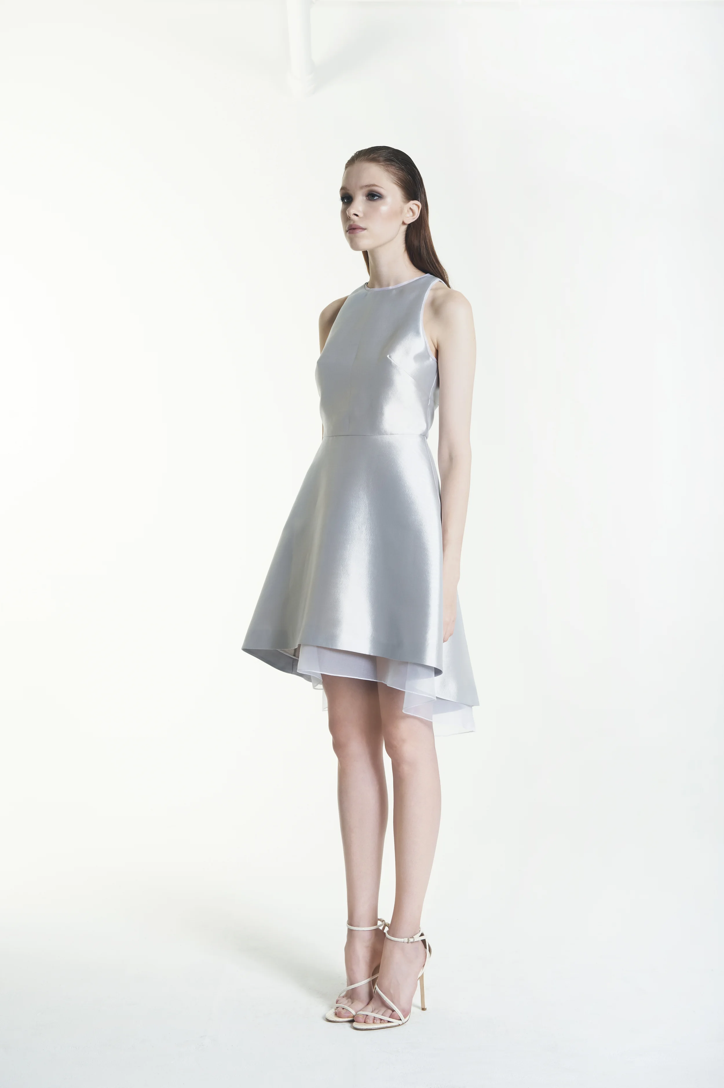 ARA DRESS 51% silk / 49% wool outer with 100% silk organza tipping. half lined in 100% silk charmeuse, half lined in 100% silk organza.