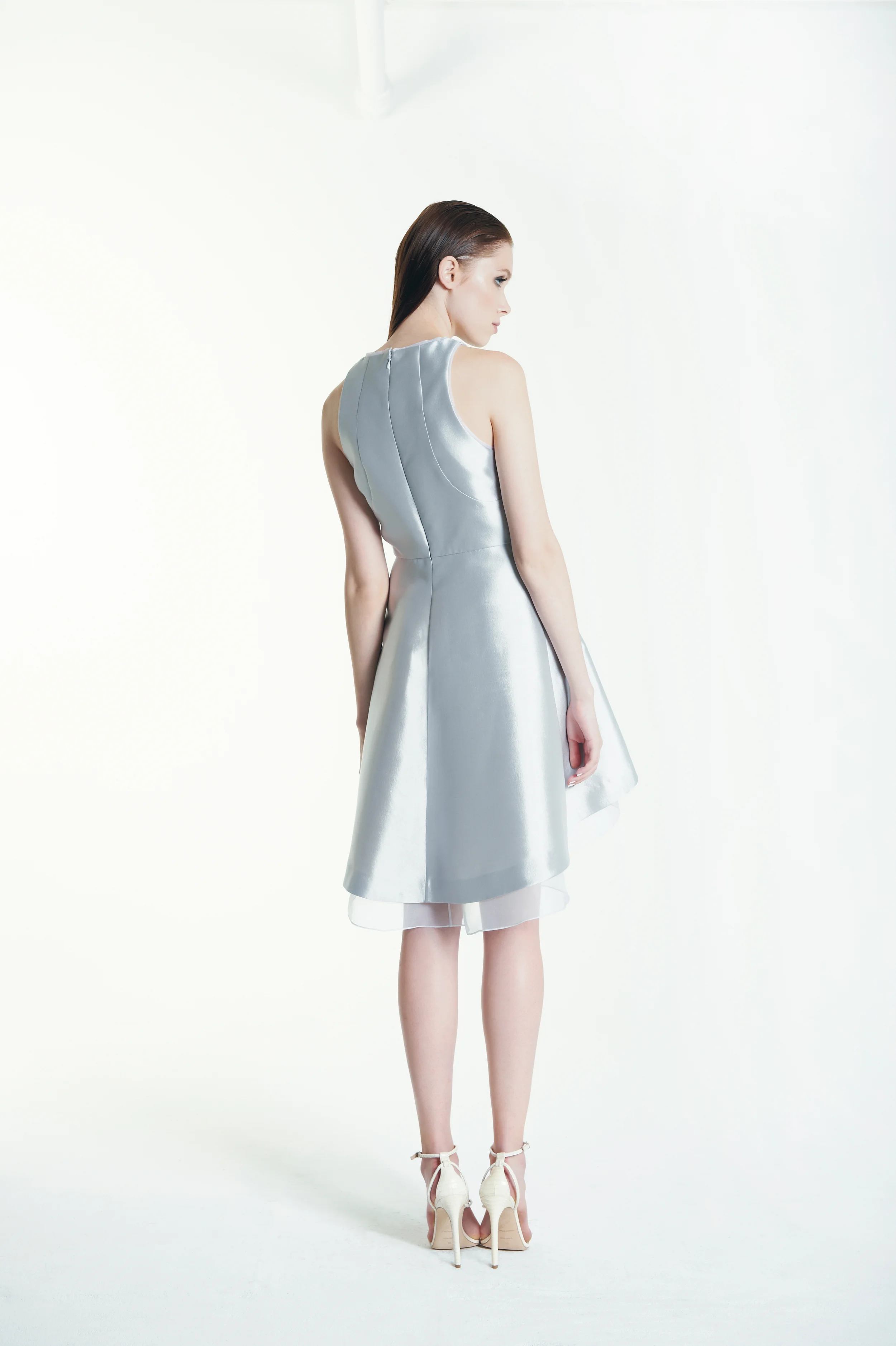 ARA DRESS 51% silk / 49% wool outer with 100% silk organza tipping. half lined in 100% silk charmeuse, half lined in 100% silk organza.