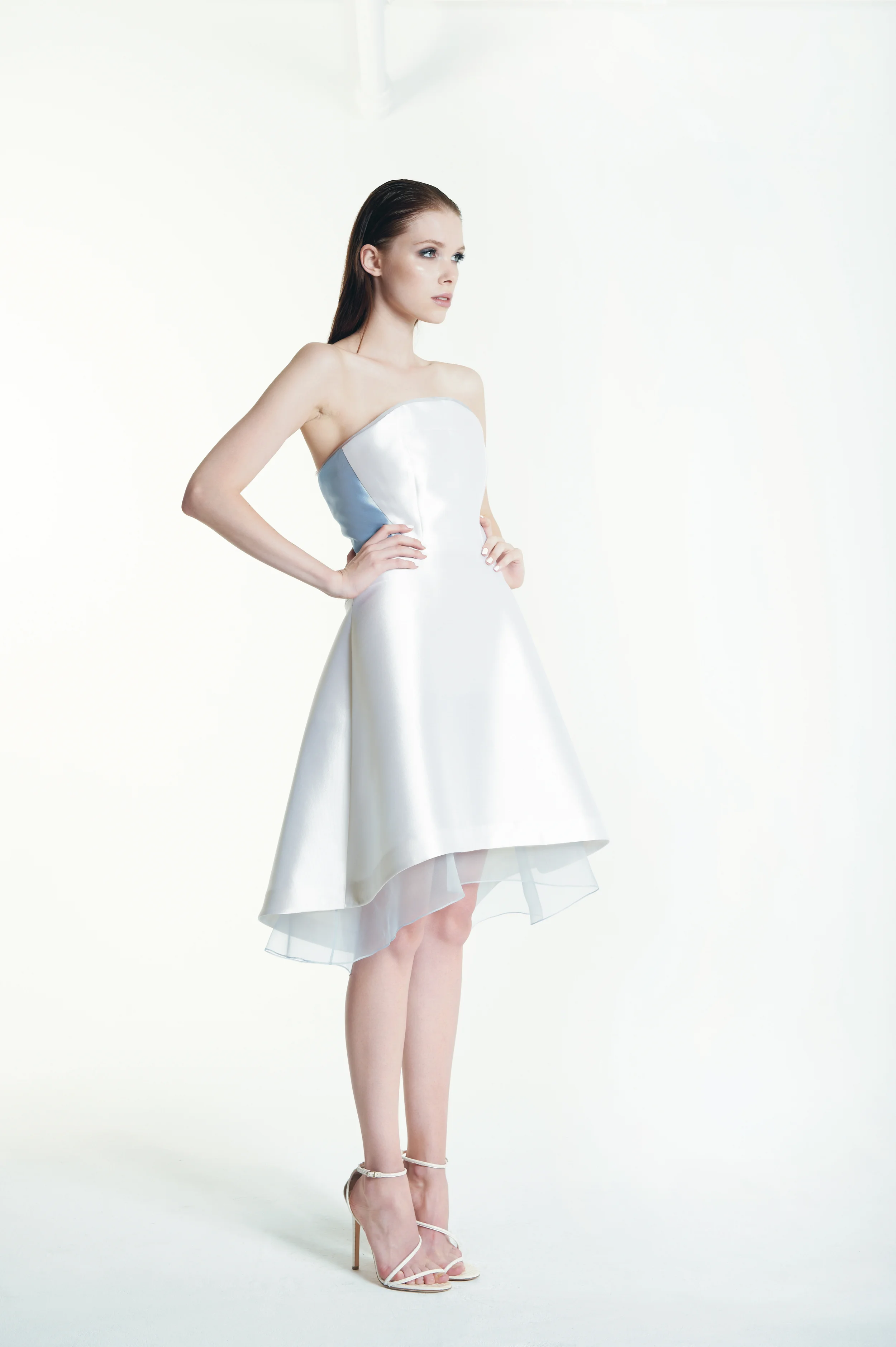 ATRIA DRESS 51% silk / 49% wool outer with 100% silk organza tipping. boned bodice construction fully lined in 100% silk charmeuse. half lined in 100% silk charmeuse, half lined in 100% silk organza.