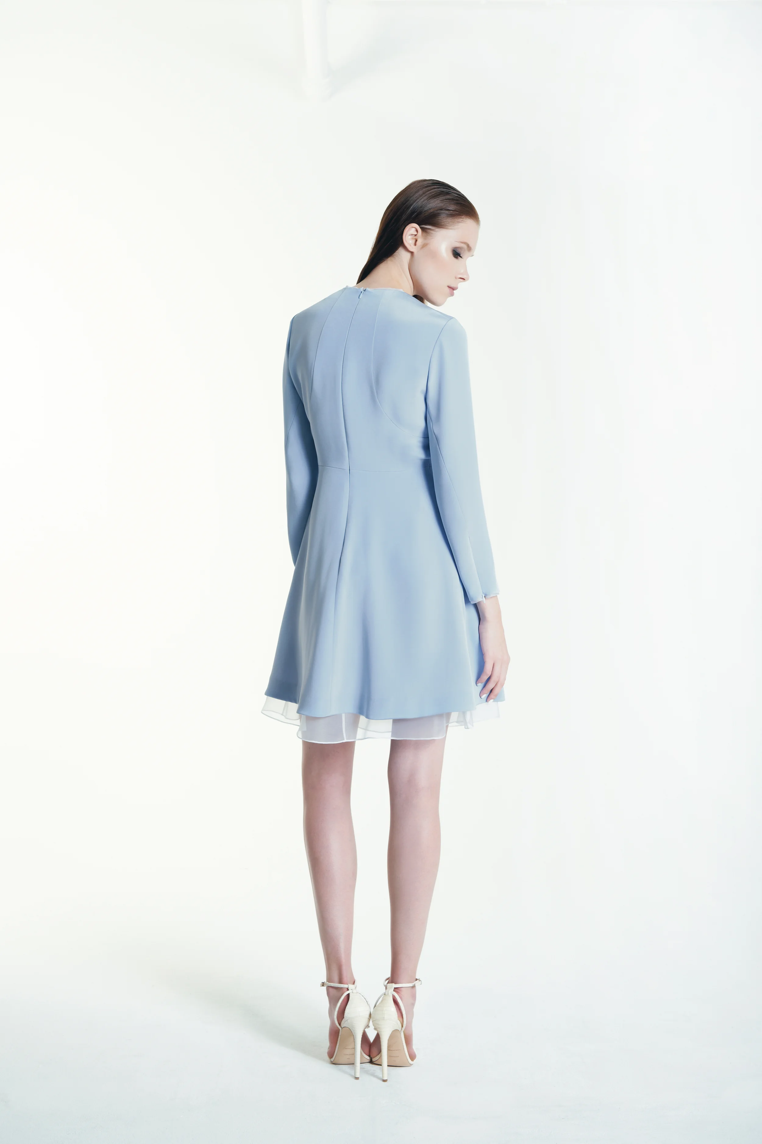NORMA DRESS 100% silk 4-ply crepe outer with 100% silk organza tipping. half lined in 100% silk charmeuse, half lined in 100% silk organza.