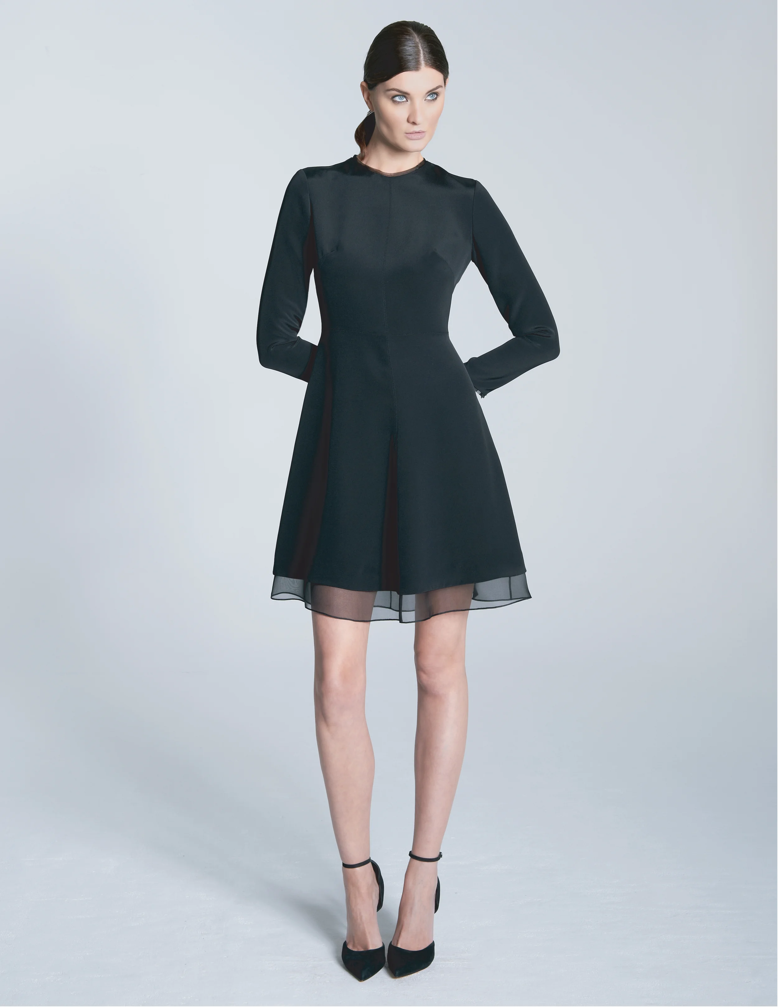NORMA DRESS 100% silk 4-ply crepe with 100% silk organza tipping. bodice lined in 100% silk charmeuse. skirt lined in 100% silk organza. invisible zip closure at center back and sleeve openings.