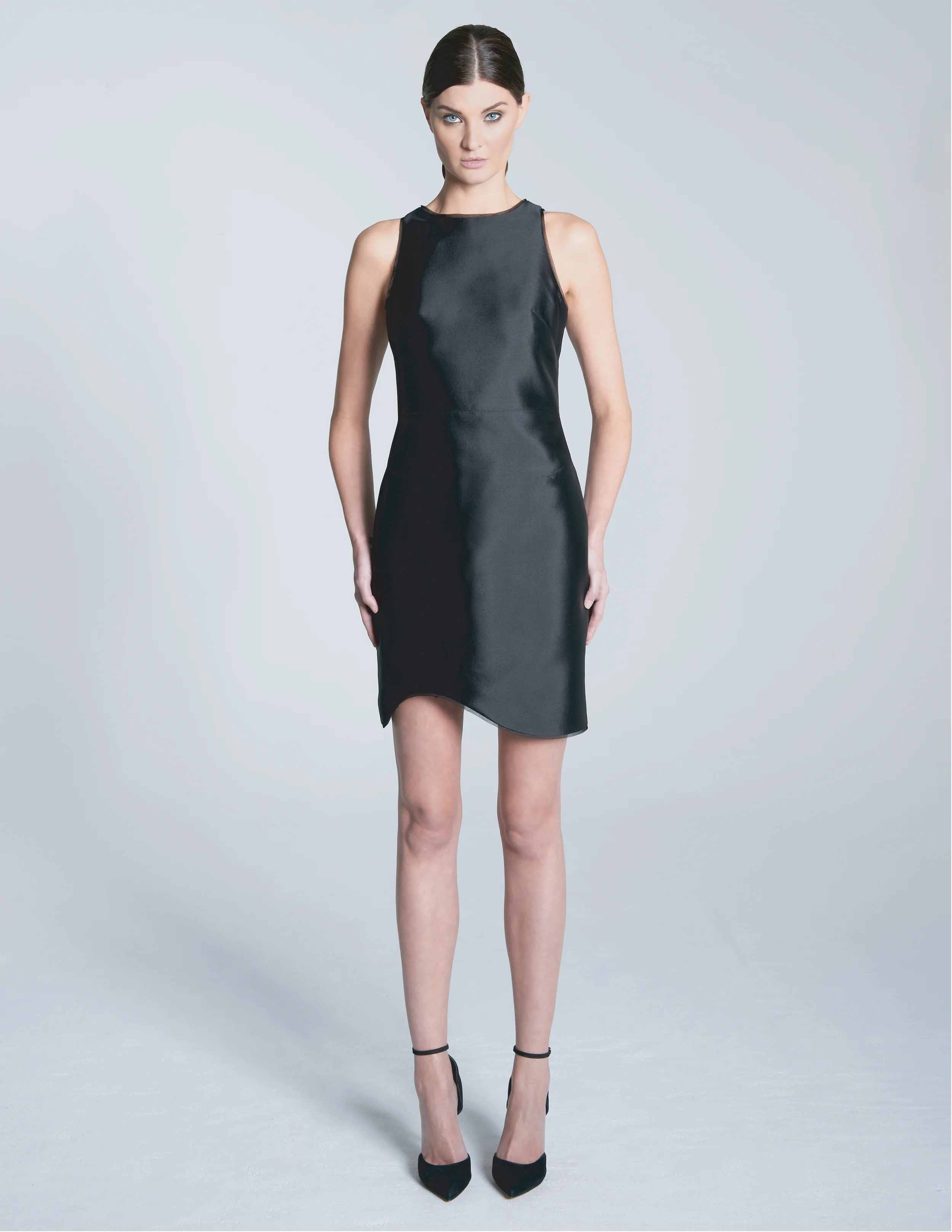 INFINITY DRESS 51% silk / 49% wool with 100% silk organza tipping. fully lined in 100% silk charmeuse. invisible zip closure at center back.