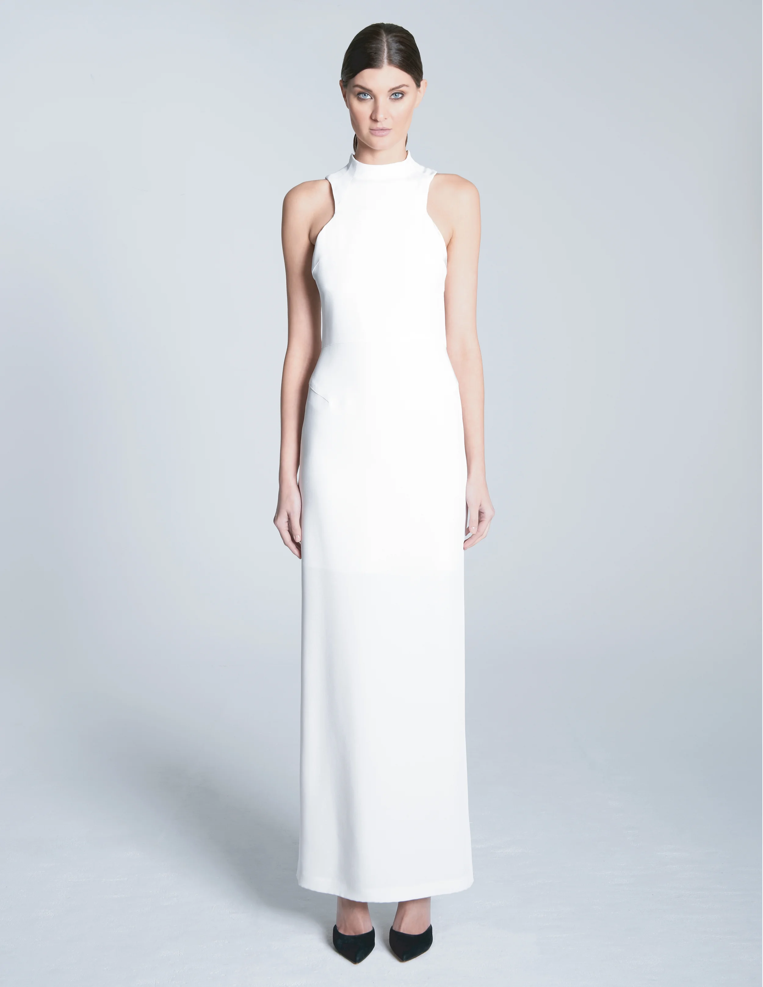 CYGNUS DRESS 100% silk 4-ply crepe. 3/4 lined in self. invisible zip closure at center back.