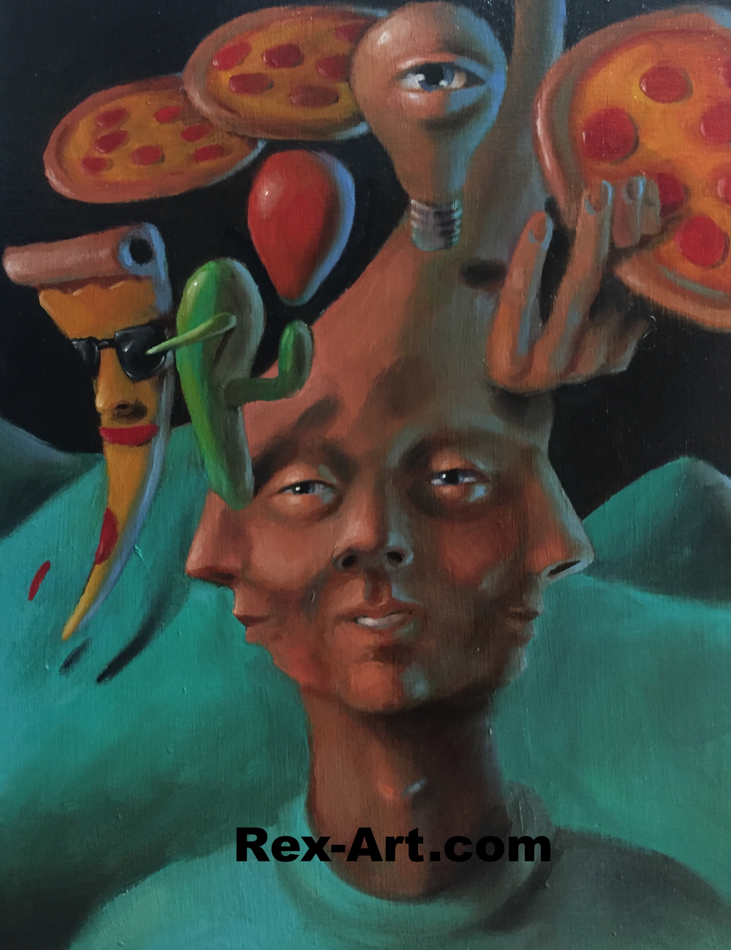   Pizza Dreams , oil on board, 16” x 20” 