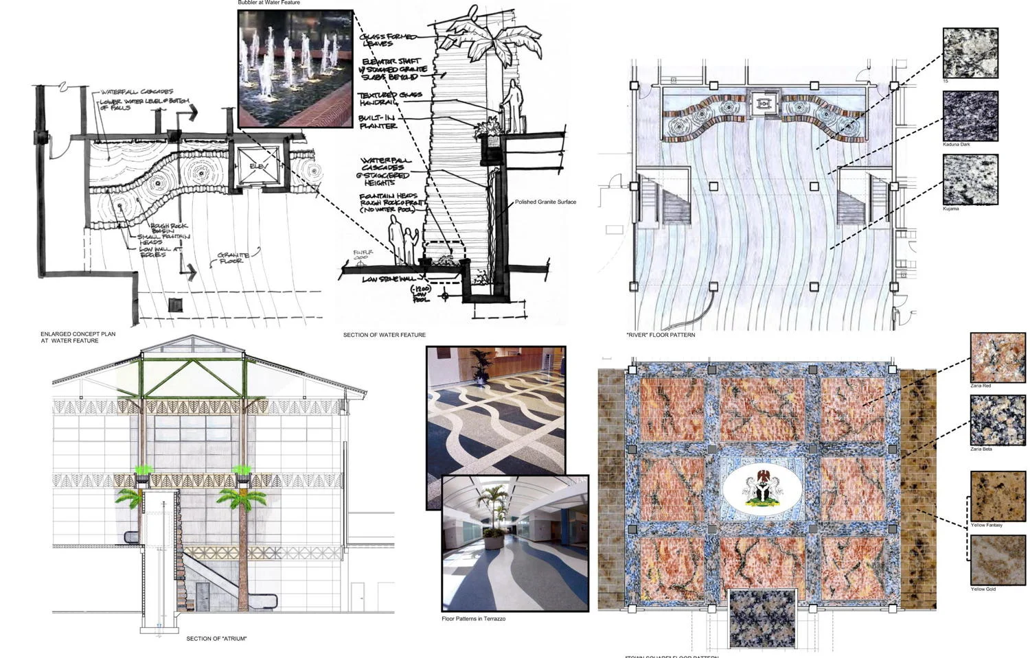    Schematic design showing water feature and material proposals.   Early presentation boards. Showing material selection and development of motifs and details common to all buildings. March 2006 The LPA Group Incorporated • International    