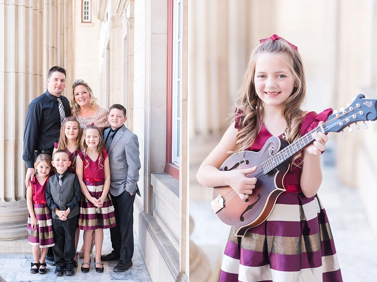 Christmas Family Session with vintage columns and marble floors maroon and gold dresses_0029.jpg