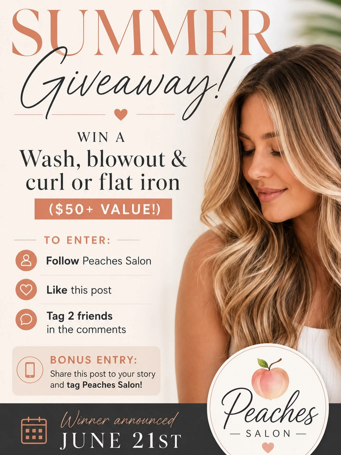 🎉 SUMMER GIVEAWAY! 🎉 Don&rsquo;t FORGET !
Win a Wash &amp; Style with Sharon ($50+ value)! 💇&zwj;♀️✨
To enter:
💕 Follow Peaches Salon
💕 Like this post
💕 Tag 2 friends in the comments
Bonus Entry: Share this post to your story and tag Peaches Sa