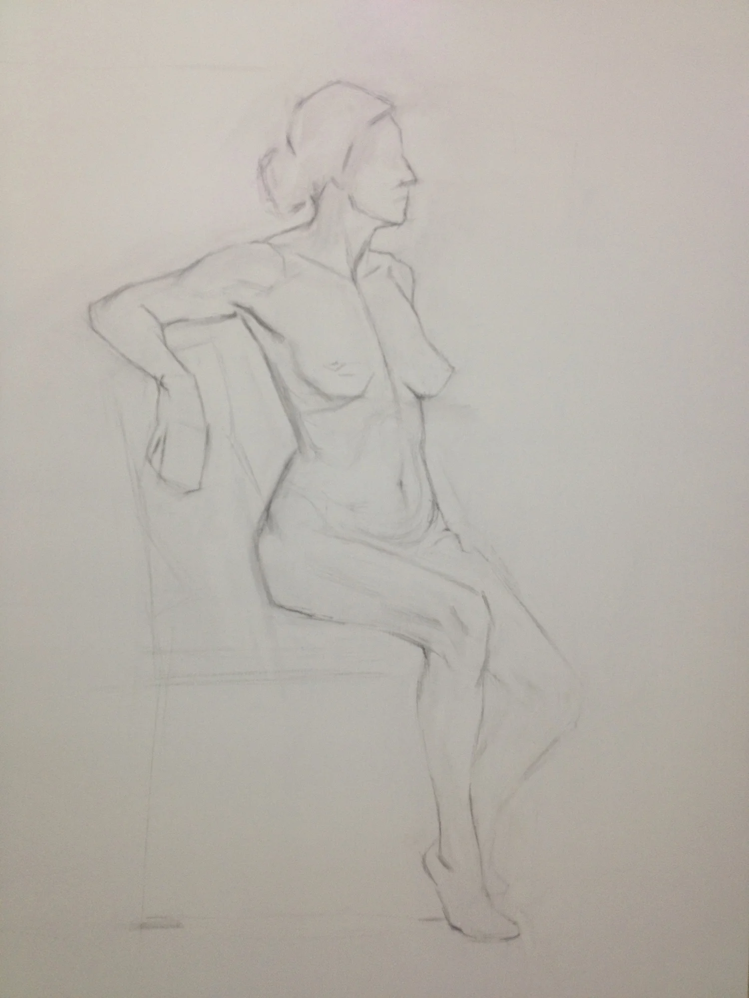This is the start of my first project for Figure and Perspective class. This is the first day drawing. I will finish the drawing on the second day of class and then we will be drawing a perspective grid and laying out a checkerboard floor plane to put the figure in space. In the following 3 classes we will paint the figure and the environment around her.