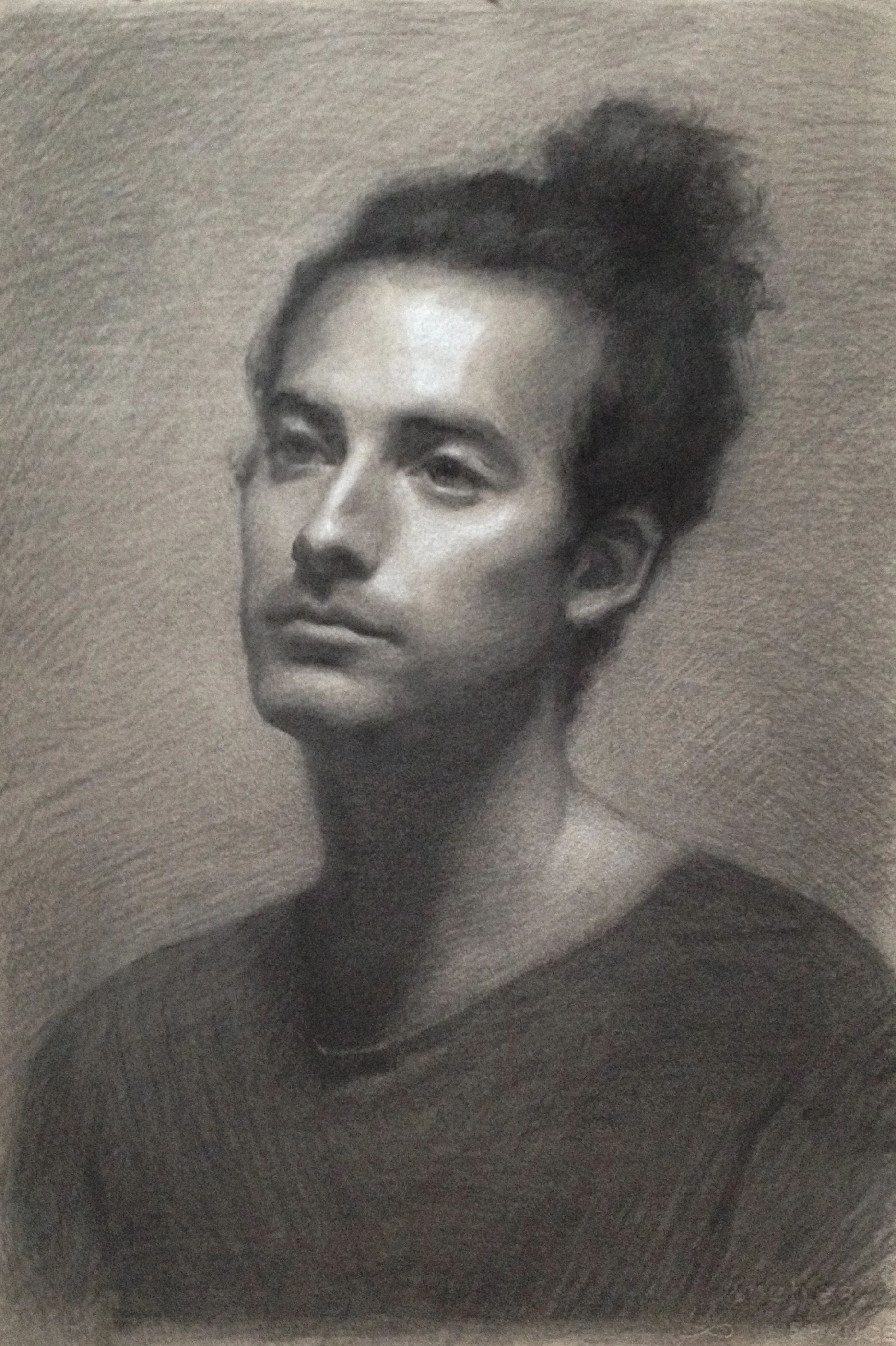 Portrait Study of Ettore, charcoal and white chalk on toned paper, 15" by 23", framed, for sale