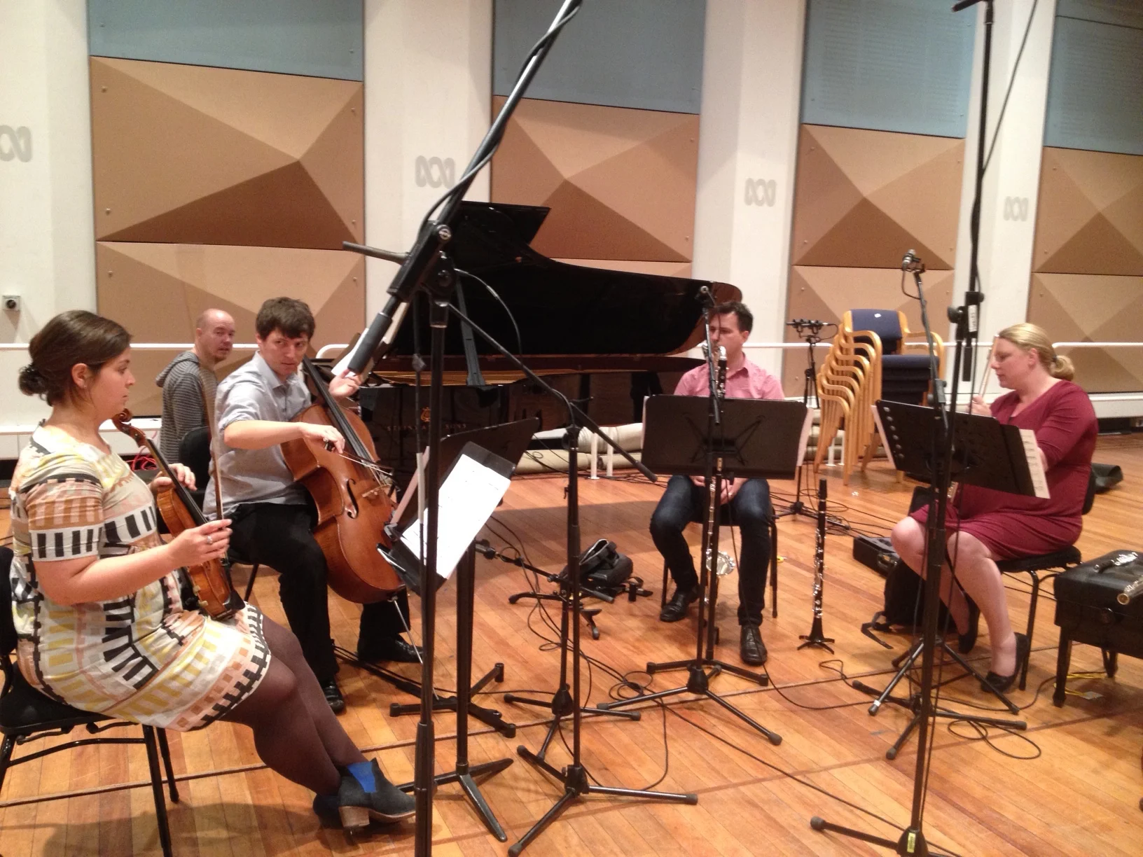Jenny Khafagi (violin), Leigh Harrold (piano), Paul Zabrowarny (cello), Robin Henry (clarinets) and Laila Engle (flutes), tuning up to record my newest musical creation.