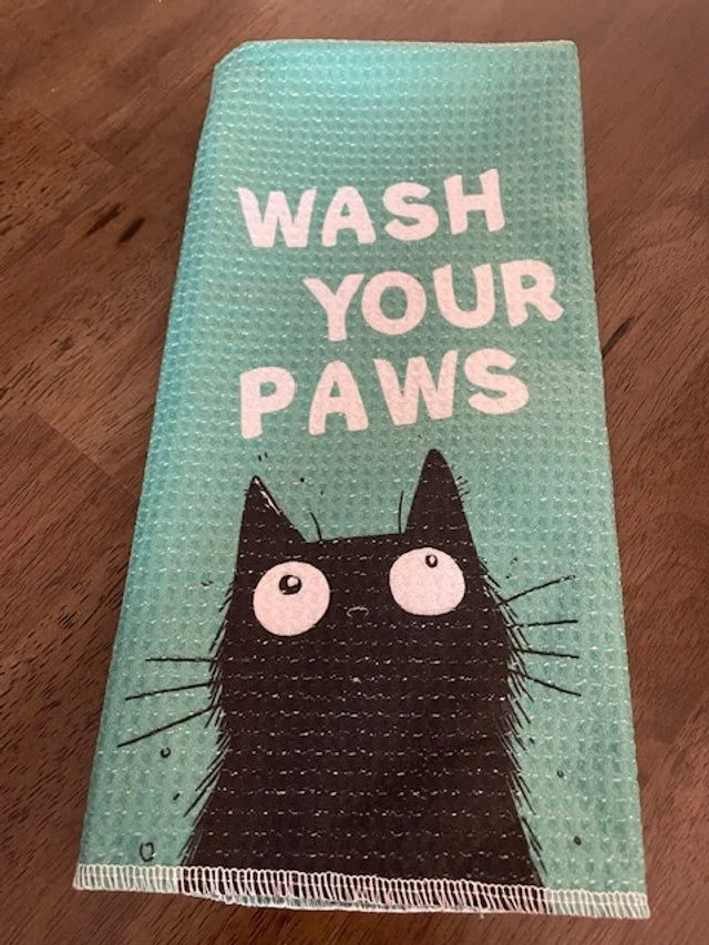 cat towel green wash your paws