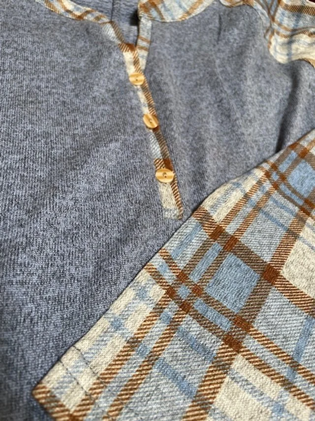 denim blue henley with plaid sleeves