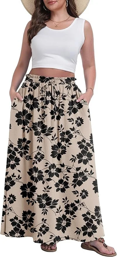 khaki maxi skirt with black flowers