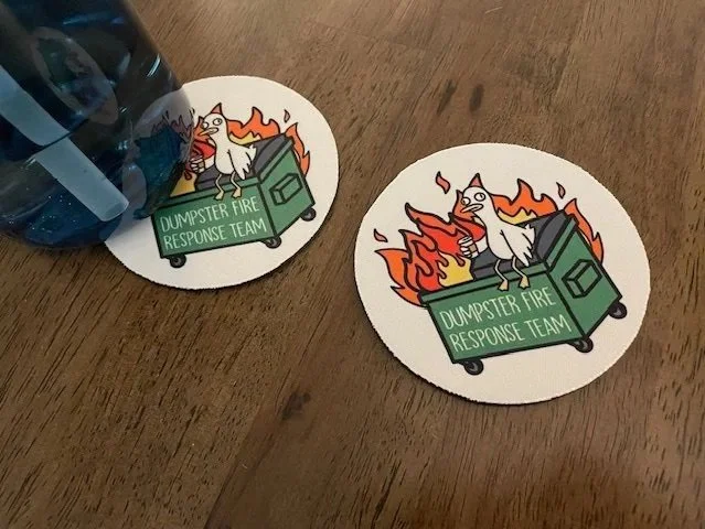 duck dumpster fire coasters
