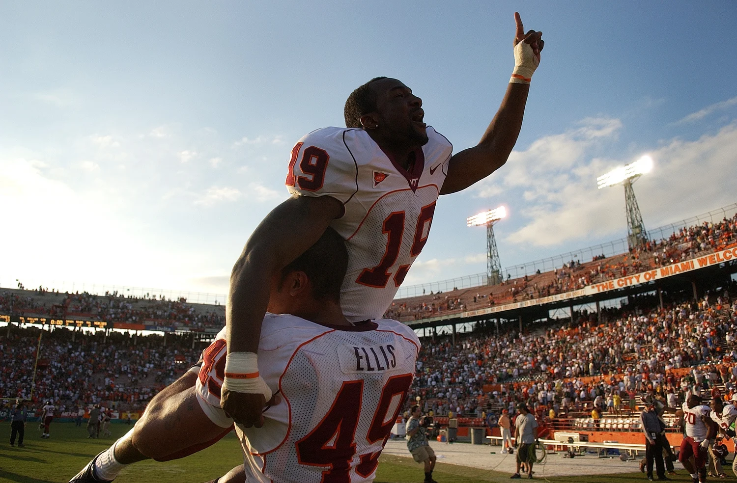  Josh Hyman and Chris Ellis celebrate Virginia Tech's 16-10 win over the Miami Hurricanes. 