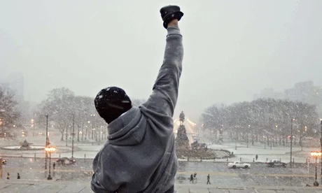 Scene from "Rocky" as he reaches atop the stairs of the Philadelphia Museum of Art.
