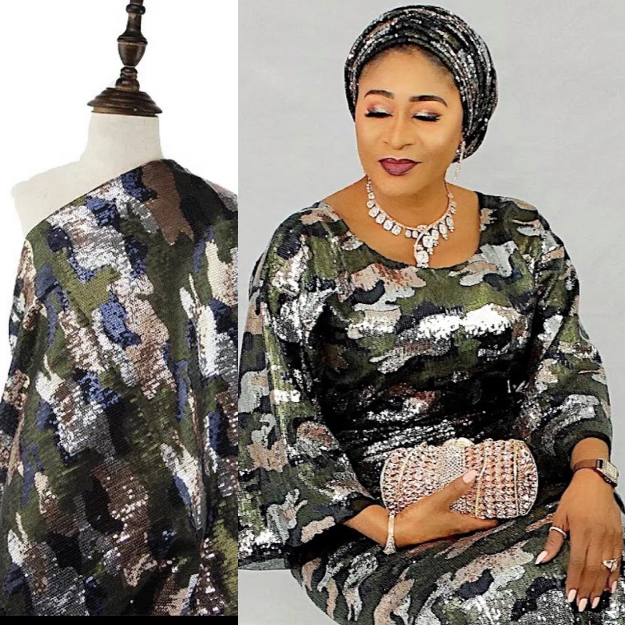 Camouflage 3mm embroidered sequined fabric 