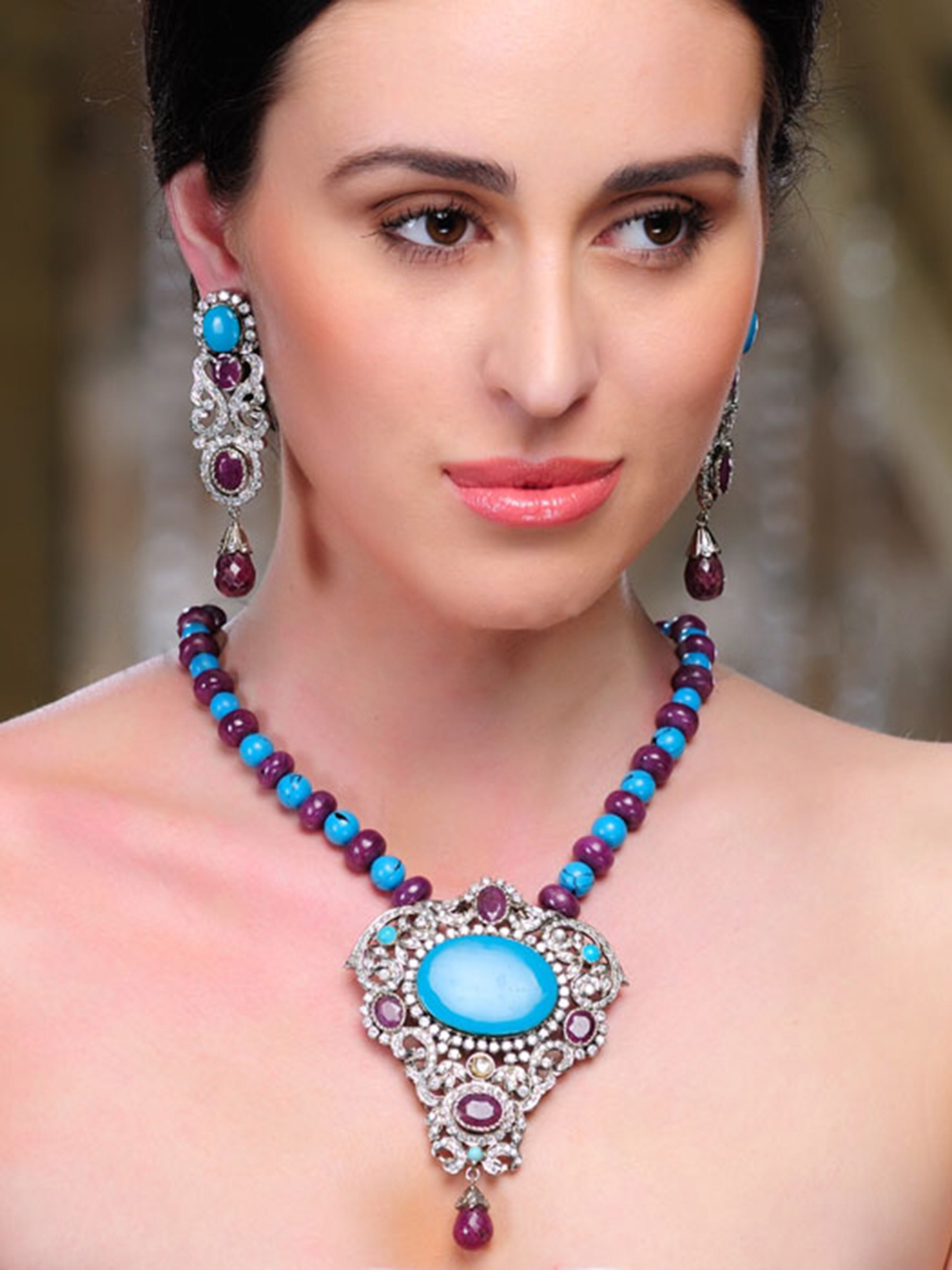 Trendy Zuzu Turquoise, Ruby, Cubic Zircons Pendant Set 