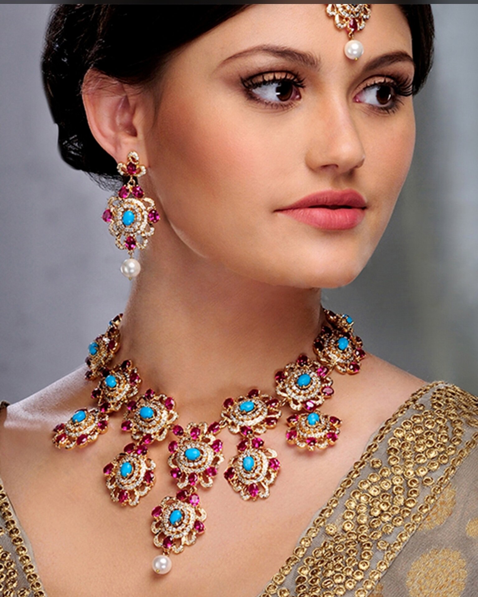 Hiya Necklace Set with Earrings in dull silver rhodium finish studded with cubic zircons and deep pink czee stones