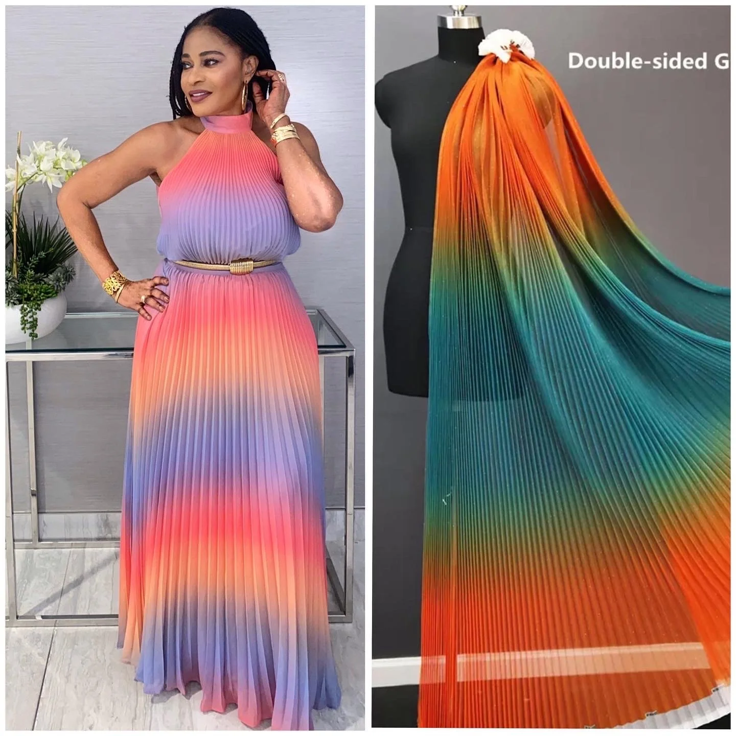 Gradient Color Pleated Mesh Fabric
