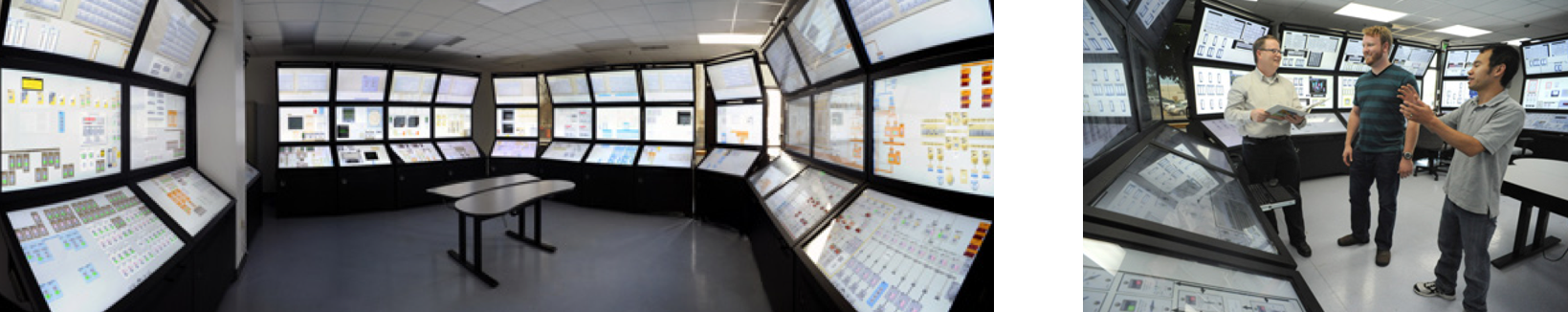 The virtual control room at the Idaho National Laboratory (INL) with Roger and Tom besides Dr. Ron Boring, principal investigator for the Pilot Project on Control Room Modernization.