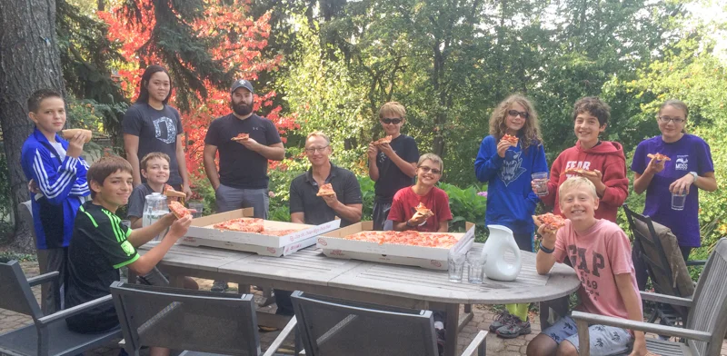 FLL robotics team first meeting with monster pizzas...