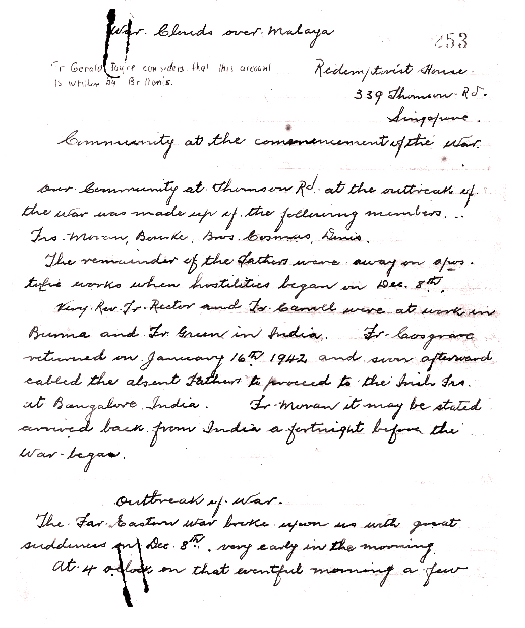 An original record of wartime experiences considered to be written by Brother Denis