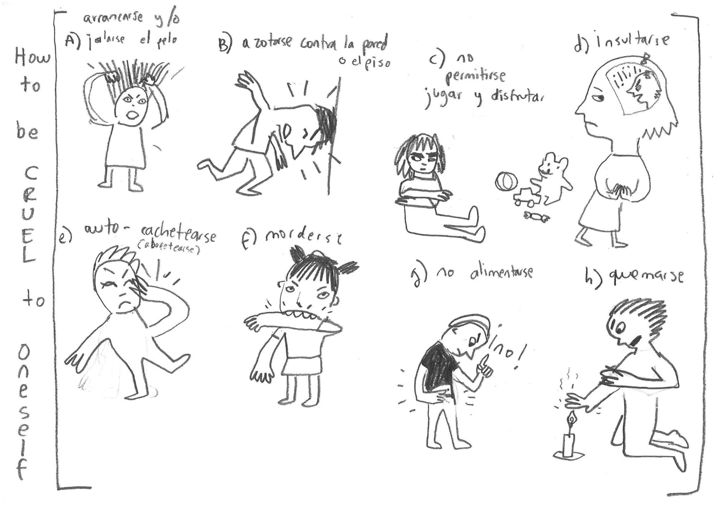 Sketch by Daniela Martagón, preliminary study for Cruelty Bites by Wonder Ponder. A) Pull out or pull one's hair. B) Bang head against the wall. C) Not allow oneself any play or enjoyment. D) Insult oneself. E) Slap oneself. F) Bite oneself. G) Not feed oneself. H) Burn oneself. 