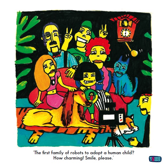 One of the fourteen scenes contained in I, Person , the second title in the Visual Philosophy for Children series by Wonder Ponder, desgined to invite readers to wonder and ponder about who they are and what they are. 