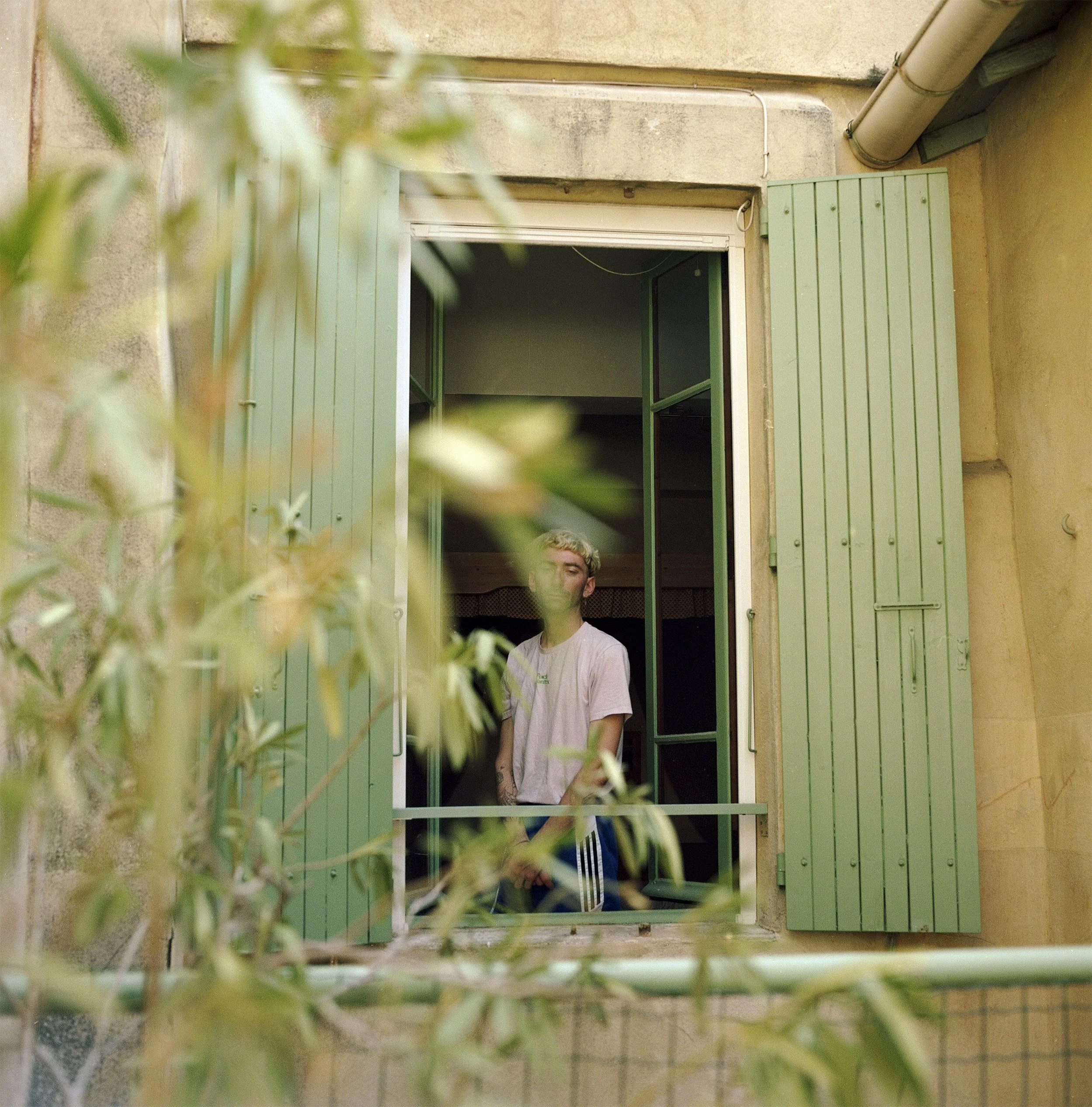 A Portrait of Mik Matter with bleach blonde hair standing at a window with open green shutters, partially obscured by leaves in the foreground. made by Samira Golin