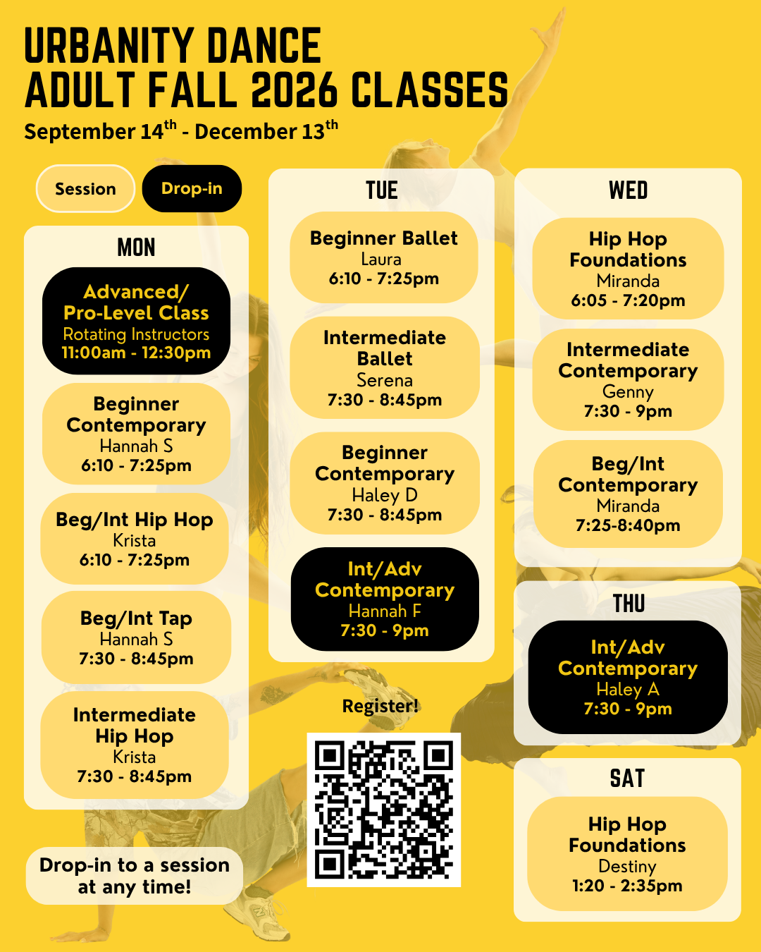 Schedule for Urbanity Dance Adult Fall 2026 Classes running September 14th to December 13th, listing class types, instructors, times and days from Monday through Saturday, along with a QR code to register.